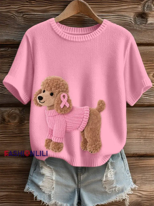 Women’s Lovely Poodle Dog Pattern Felt Art Cozy Knit Top Pink / S