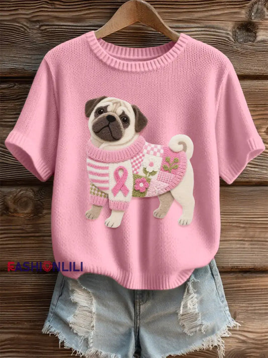 Women’s Lovely Pug Felt Art Cozy Knit Top Pink / S