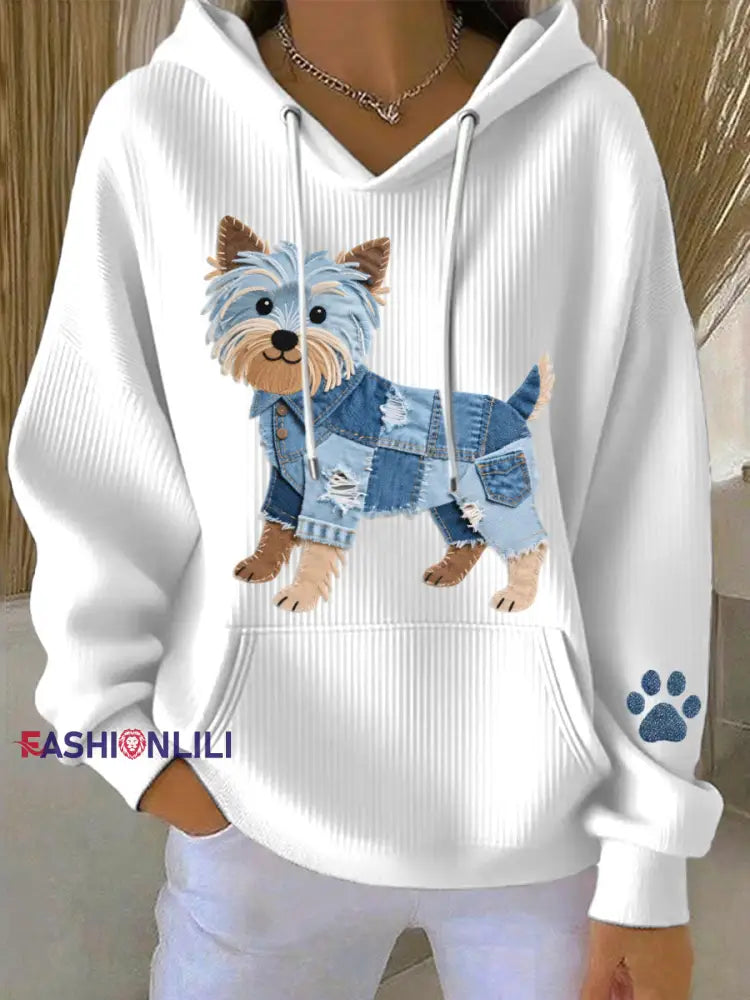 Women’s Lovely Yorkshire Terrier Dog Denim Patchwork Pattern Hoodie White / S