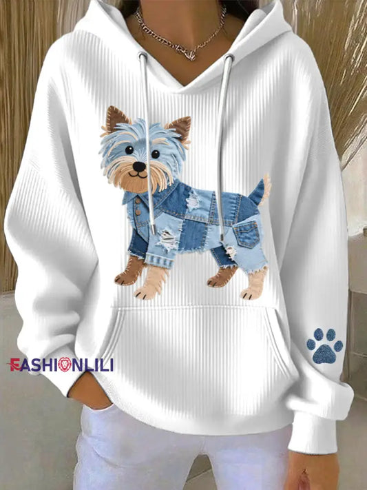 Women’s Lovely Yorkshire Terrier Dog Denim Patchwork Pattern Hoodie White / S