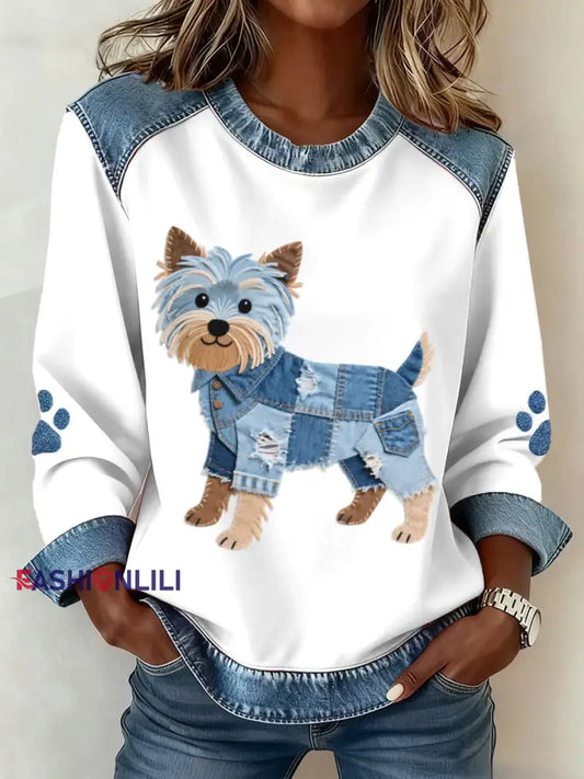 Women’s Lovely Yorkshire Terrier Dog Pattern Denim Patchwork Sweatshirt White / S
