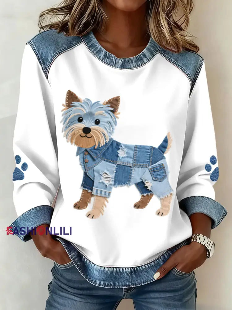 Women’s Lovely Yorkshire Terrier Dog Pattern Denim Patchwork Sweatshirt White / S