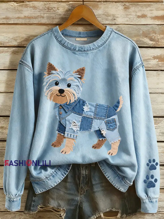 Women’s Lovely Yorkshire Terrier Patchwork Pattern Sweatshirt Blue / S