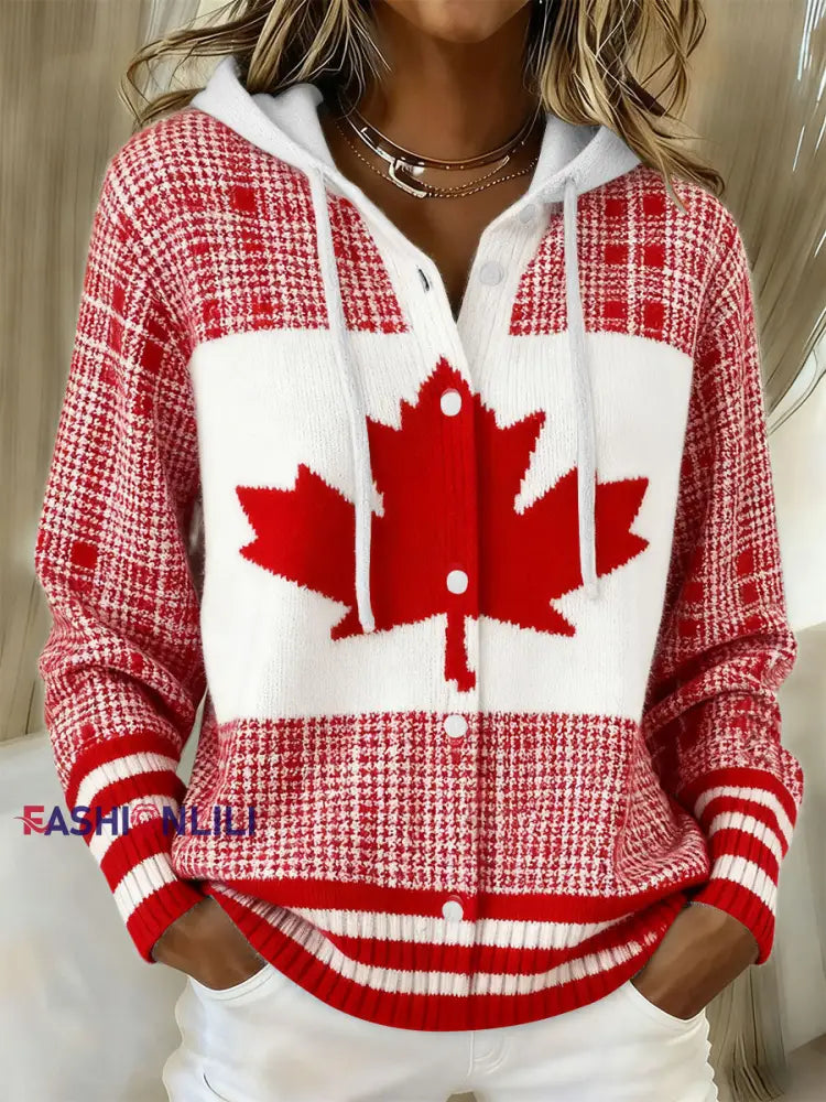 Women’s Maple Leaf Knit Hooded Cardigan Red / S