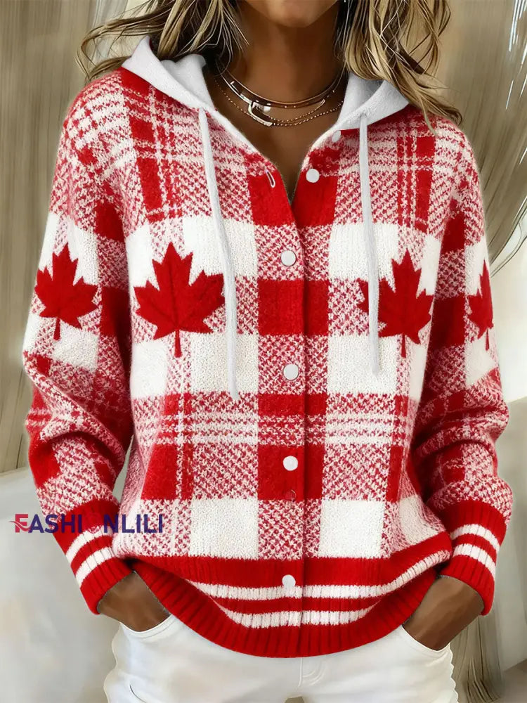 Women’s Maple Leaf Knit Hooded Cardigan Red / S
