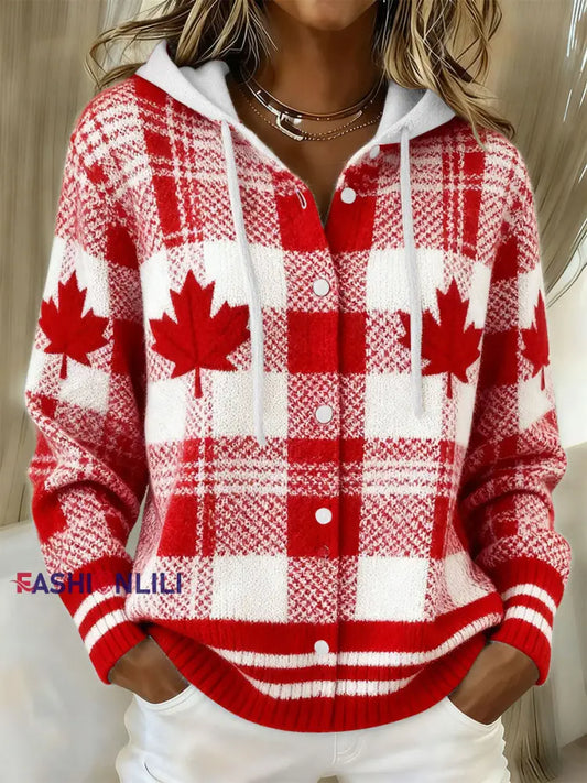 Women’s Maple Leaf Knit Hooded Cardigan Red / S