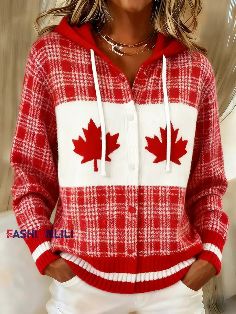 Women’s Maple Leaf Knit Hooded Cardigan Red / S