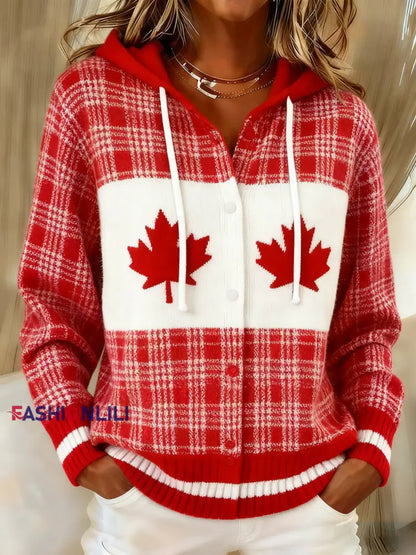 Women’s Maple Leaf Knit Hooded Cardigan Red / S