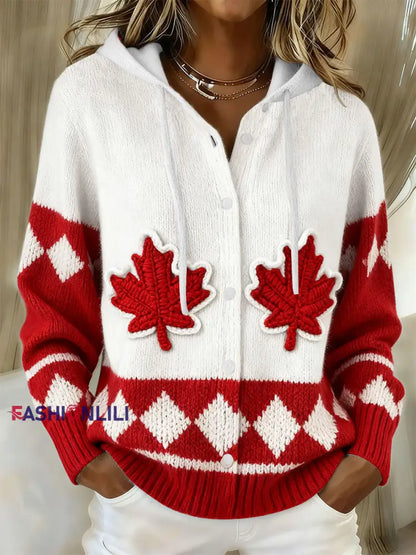 Women’s Maple Leaf Knit Hooded Cardigan Red / S