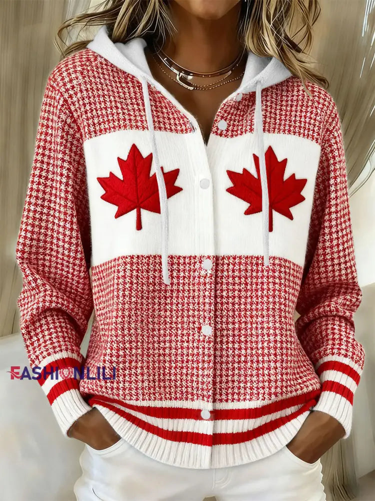 Women’s Maple Leaf Knit Hooded Cardigan Red / S