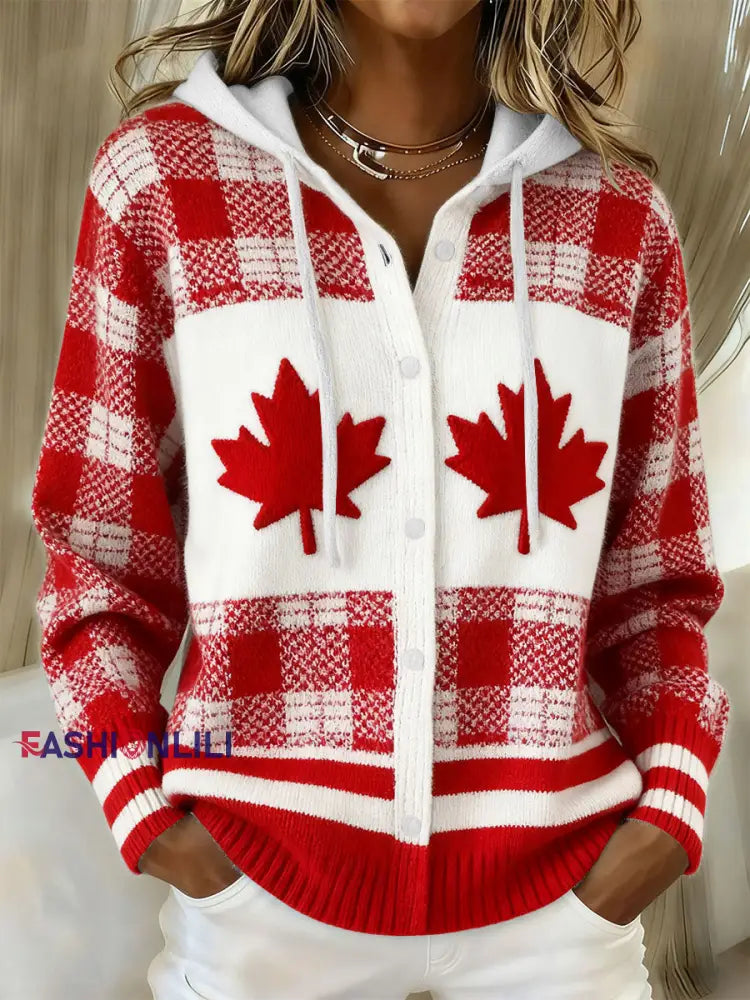 Women’s Maple Leaf Knit Hooded Cardigan Red / S
