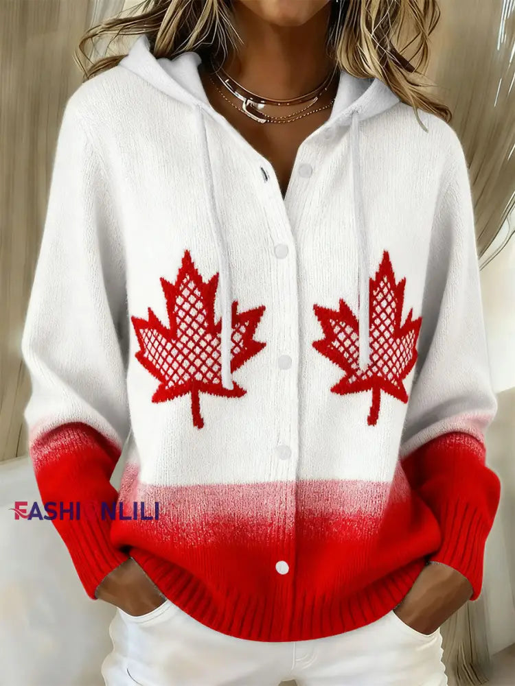 Women’s Maple Leaf Knit Hooded Cardigan Red / S