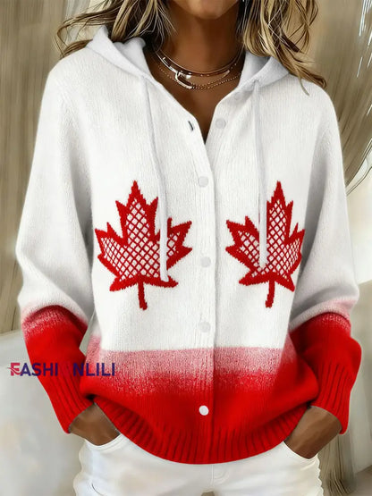 Women’s Maple Leaf Knit Hooded Cardigan Red / S