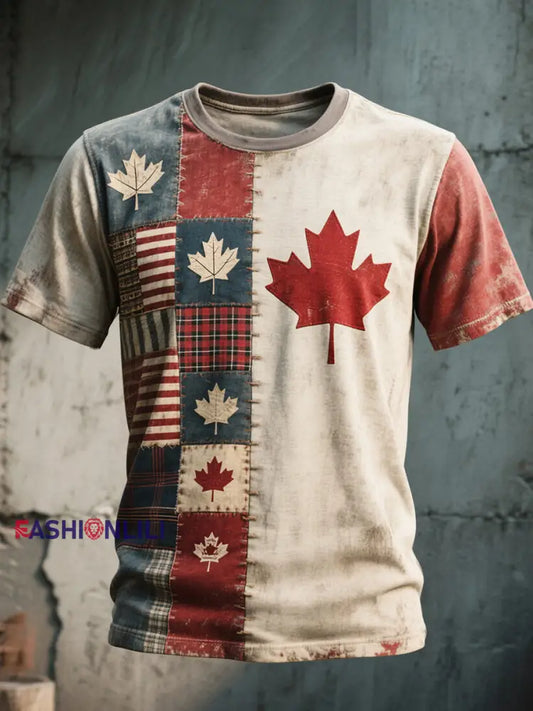 Women’s Maple Leaf Patchwork Art Vintage T-Shirt As picture / S