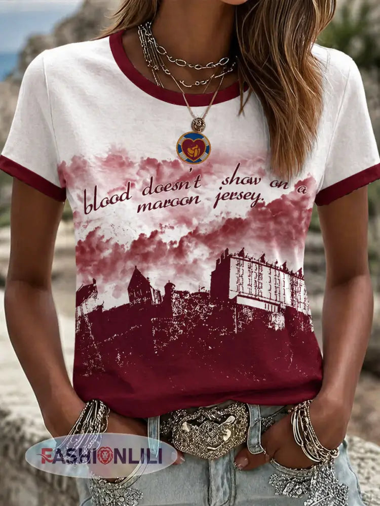 Women’s Maroon Hearts Football Lover Printed short-sleeved T-shirt - As picture / S