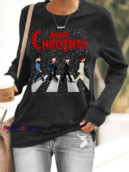 Women’s Merry Christmas Retro Classic Legendary Rock Band Print Casual Sweatshirt Black / S