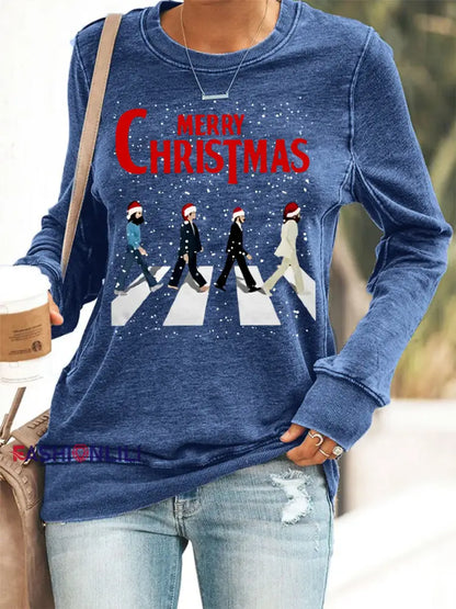 Women’s Merry Christmas Retro Classic Legendary Rock Band Print Casual Sweatshirt Blue / S