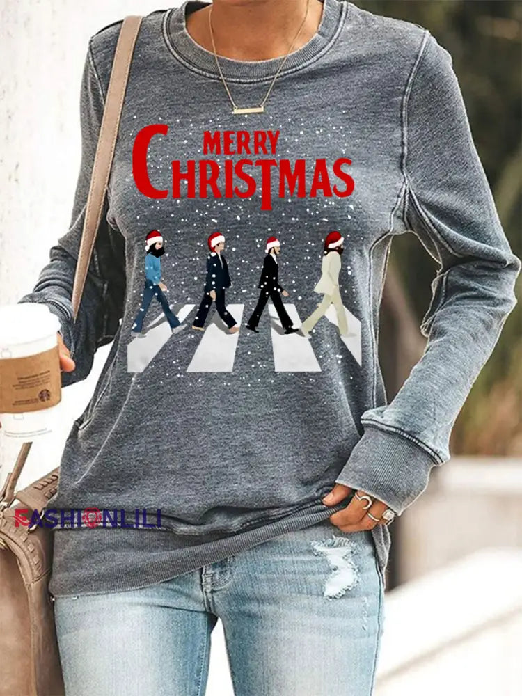 Women’s Merry Christmas Retro Classic Legendary Rock Band Print Casual Sweatshirt Gray / S