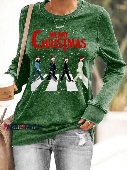 Women’s Merry Christmas Retro Classic Legendary Rock Band Print Casual Sweatshirt Green / S