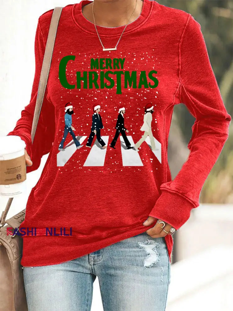 Women’s Merry Christmas Retro Classic Legendary Rock Band Print Casual Sweatshirt Red / S