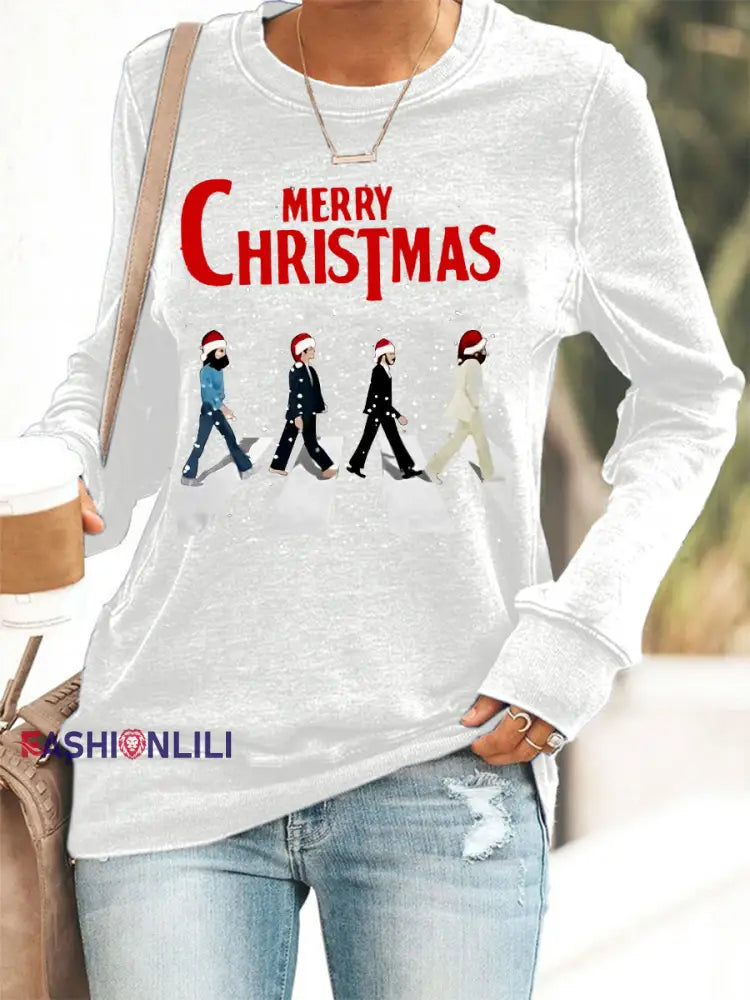 Women’s Merry Christmas Retro Classic Legendary Rock Band Print Casual Sweatshirt White / S