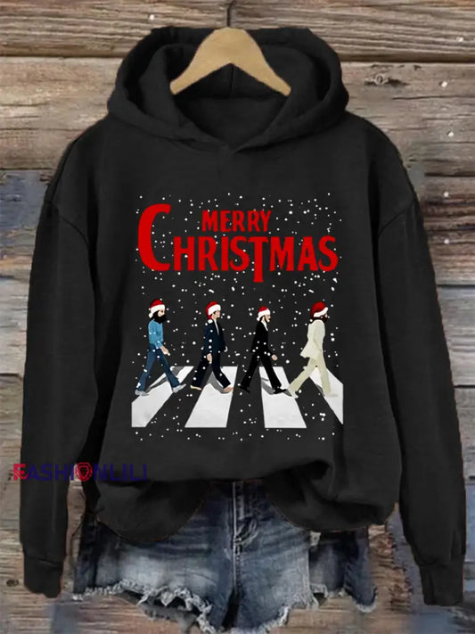 Women’s Merry Christmas Retro Classic Legendary Rock Band Print Gift For Fans Casual Sweatshirt Black / S