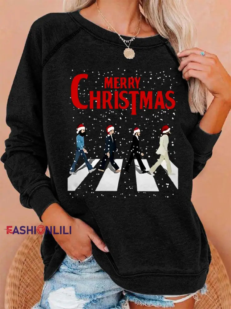 Women’s Merry Christmas Retro Classic Legendary Rock Band Print Gift For Fans Casual Sweatshirt Black / S