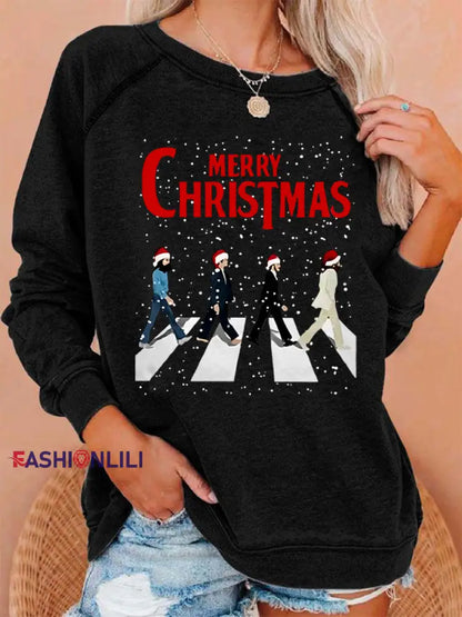 Women’s Merry Christmas Retro Classic Legendary Rock Band Print Gift For Fans Casual Sweatshirt Black / S
