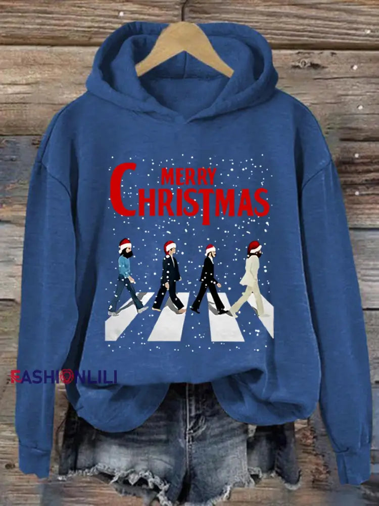 Women’s Merry Christmas Retro Classic Legendary Rock Band Print Gift For Fans Casual Sweatshirt Blue / S
