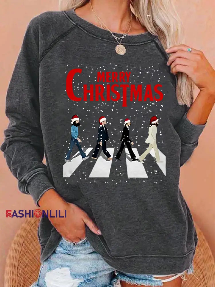 Women’s Merry Christmas Retro Classic Legendary Rock Band Print Gift For Fans Casual Sweatshirt Dark Gray / S