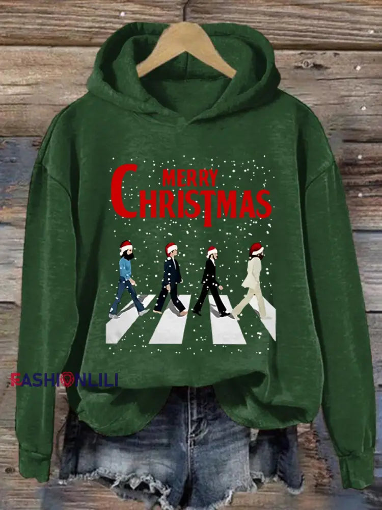 Women’s Merry Christmas Retro Classic Legendary Rock Band Print Gift For Fans Casual Sweatshirt Green / S