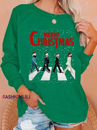 Women’s Merry Christmas Retro Classic Legendary Rock Band Print Gift For Fans Casual Sweatshirt Green / S