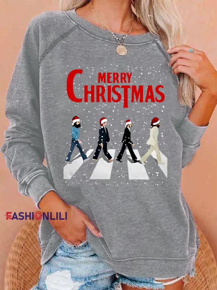 Women’s Merry Christmas Retro Classic Legendary Rock Band Print Gift For Fans Casual Sweatshirt Light Gray / S