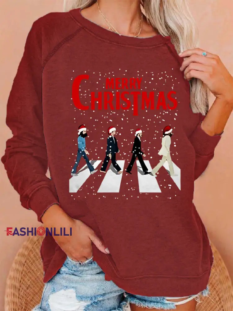 Women’s Merry Christmas Retro Classic Legendary Rock Band Print Gift For Fans Casual Sweatshirt Red / S
