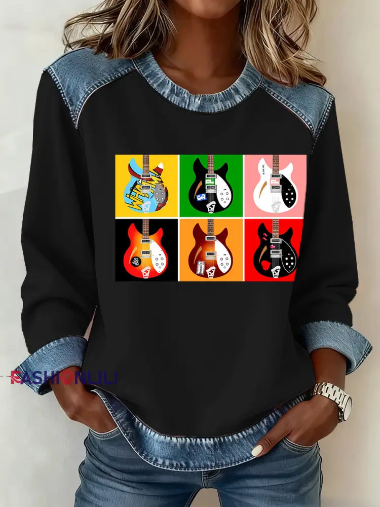 Women’s Modfather UK Music Mods Lover Denim Patchwork Top Black / S