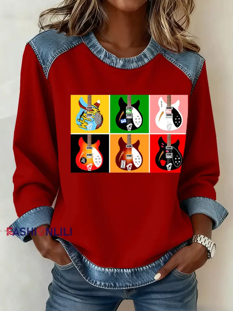 Women’s Modfather UK Music Mods Lover Denim Patchwork Top Red / S