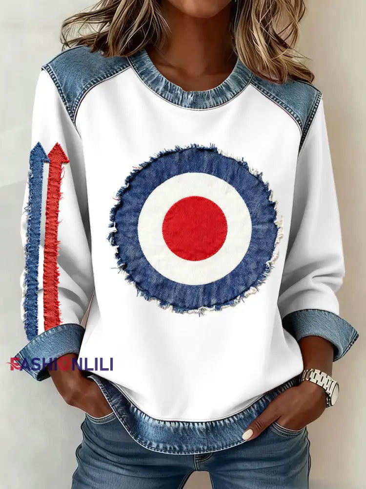 Women’s Modfather UK Music Mods Lover Printed Denim Patchwork Top White / S