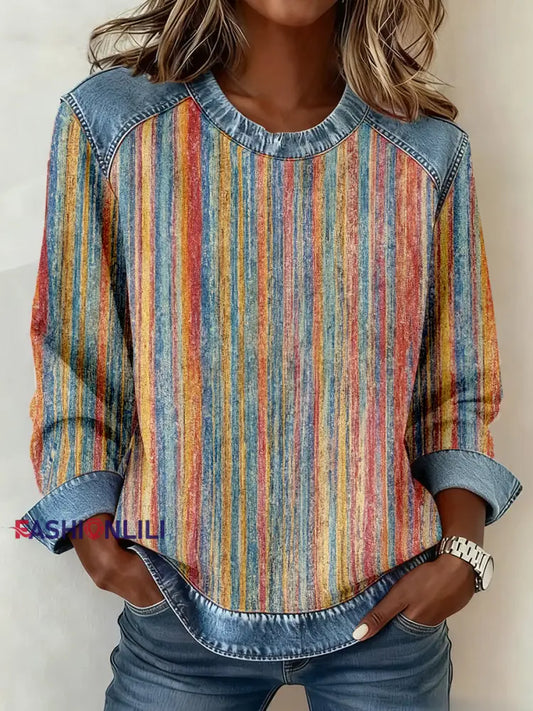 Women’s Multicolor Striped Pattern Patchwork Sweatshirt As picture / S