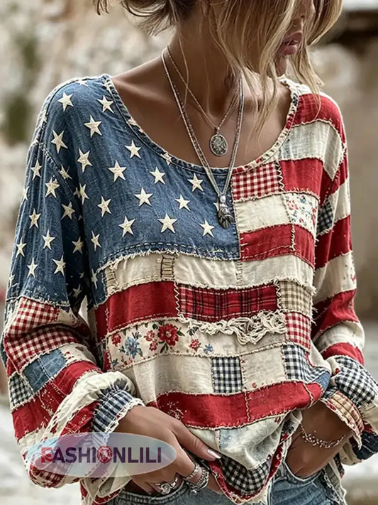 Women’s National Flag Flower Patchwork Cotton-Linen Shirt - As picture / S