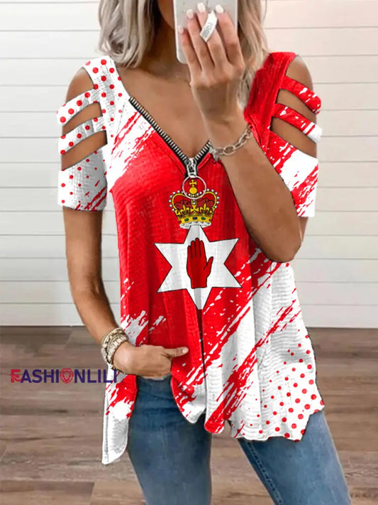 Women’s Northern Ireland V-neck zip up T-shirts Red / S