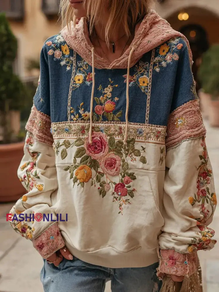 Women’s Patchwork floral print hoodie As picture / S