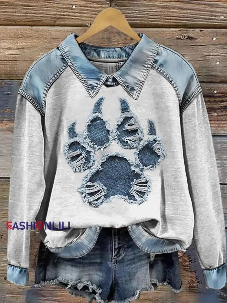 Women’s Paw Print Patchwork Lapel Long Sleeved Sweatshirt Gray / S