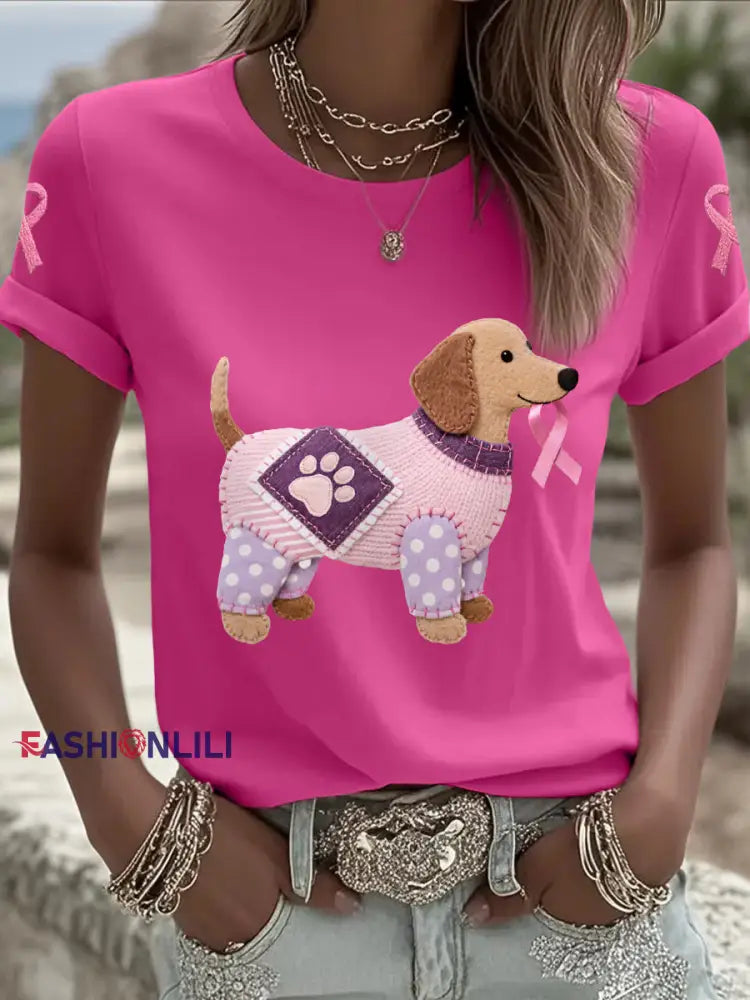 Women’s Pink Dog Pink Ribbon Breast Cancer Awareness Support Tee Rose Red / S