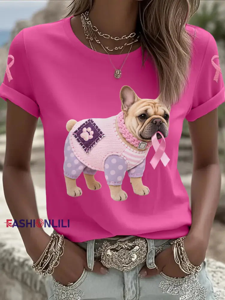 Women’s Pink Dog Pink Ribbon Breast Cancer Awareness Support Tee Rose Red / S