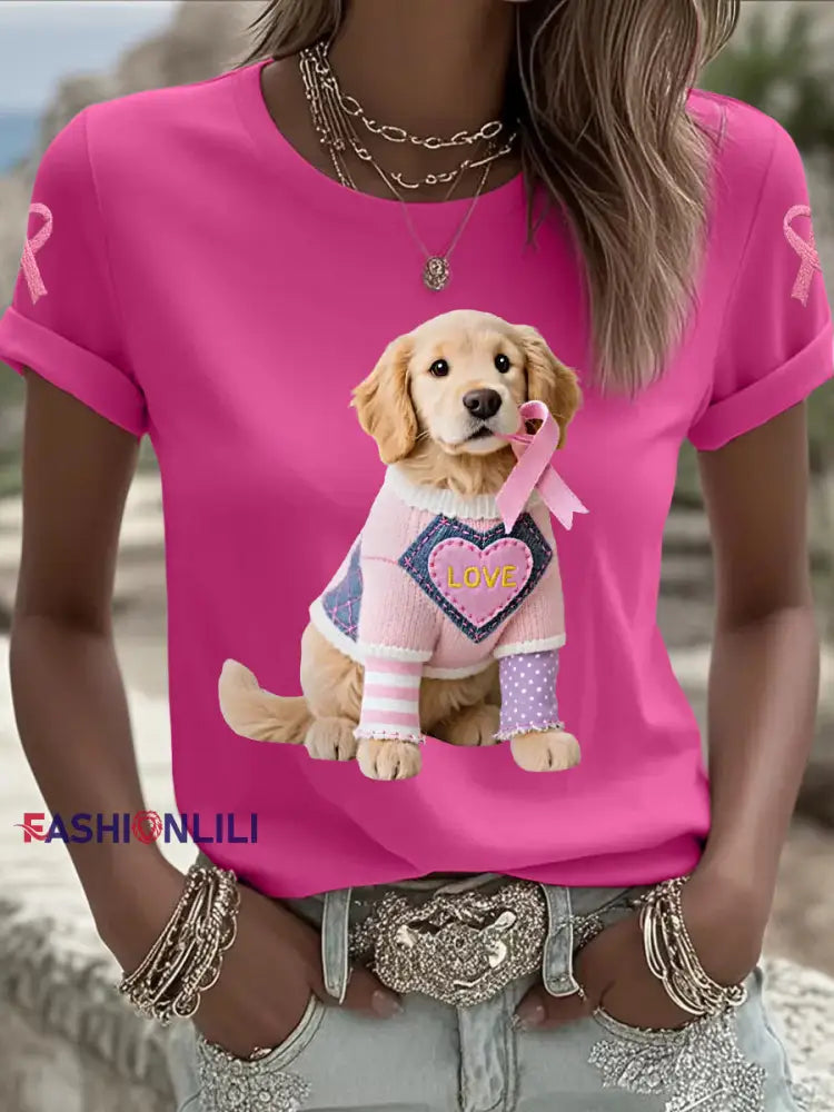 Women’s Pink Dog Pink Ribbon Breast Cancer Awareness Support Tee Rose Red / S