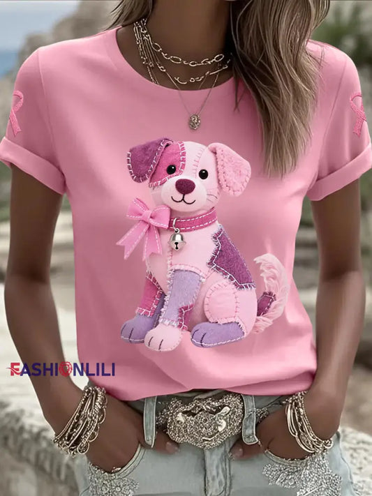 Women’s Pink Dog Pink Ribbon Breast Cancer Awareness Support Tee Pink / S
