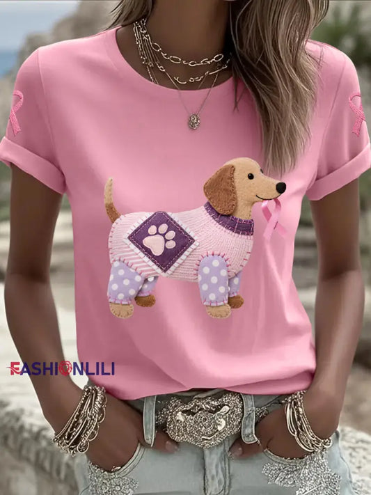 Women’s Pink Dog Pink Ribbon Breast Cancer Awareness Support Tee Pink / S