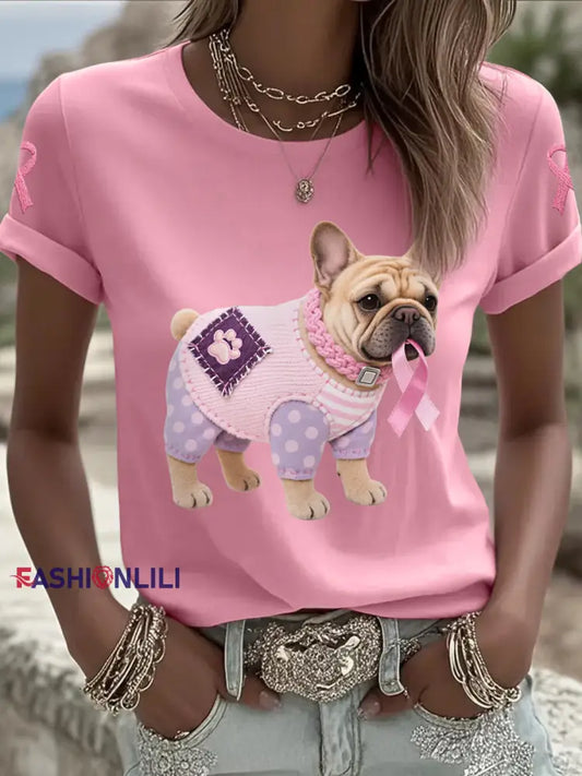 Women’s Pink Dog Pink Ribbon Breast Cancer Awareness Support Tee Pink / S