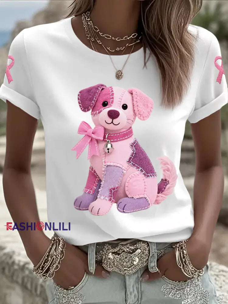 Women’s Pink Dog Pink Ribbon Breast Cancer Awareness Support Tee White / S