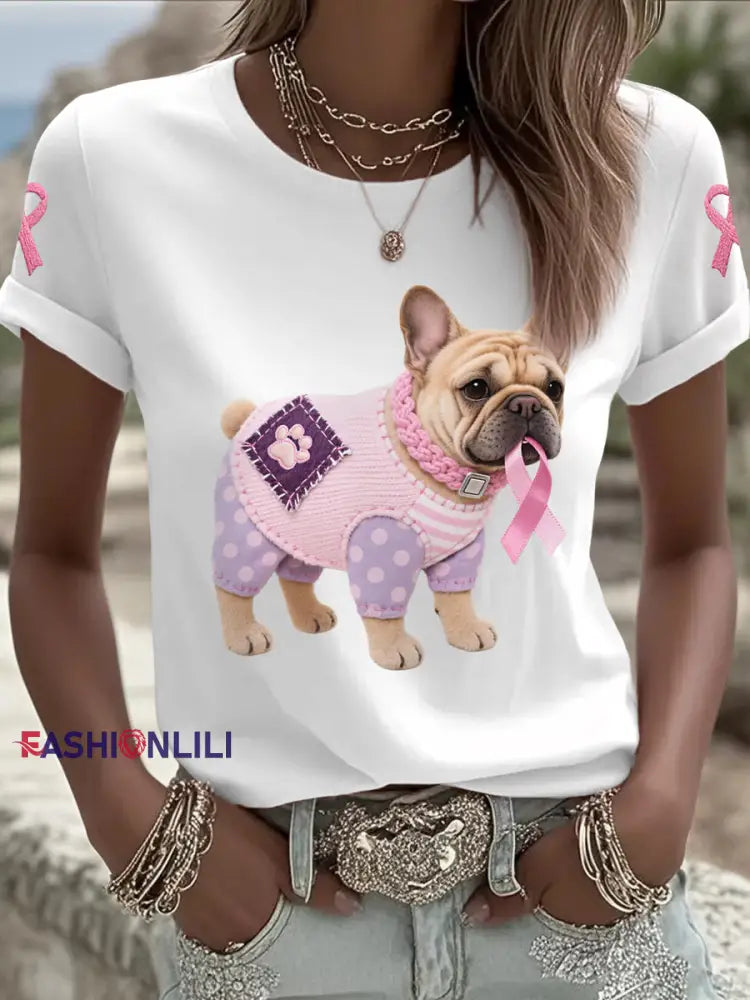 Women’s Pink Dog Pink Ribbon Breast Cancer Awareness Support Tee White / S